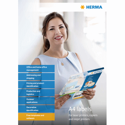 She is holding an information sheet about A4 labels for printers and copiers, listing various applications.