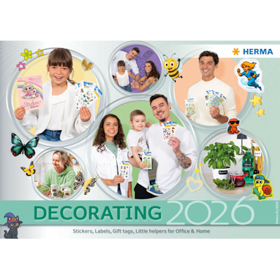 Decorative products for 2026, including stickers, labels, and gift tags, presented by several people in various scenes.