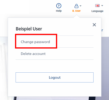 The user interface displays options for "Change Password," "Delete Account," and "Log Out" for the user "Example User.