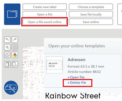 Buttons for file management with options to open and delete online templates, as well as an address format and item number.