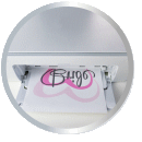 A printer outputs a sheet with the word 'Bug' in cursive and a pink heart design.