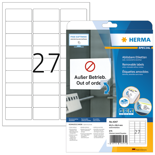A sheet with removable labels, featuring the number 27 and the note 'Out of Order.' Packaging by HERMA.