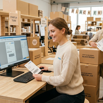 A woman is sitting at a computer creating labels, while boxes are stacked in the background. A colleague is also working.