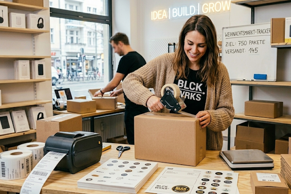 A woman is wrapping a package with tape at a table, while a man is working in the background. Labels and documents are spread out on the table.