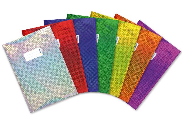 Image of a binder cover made from holographic glossy foil in various colors.