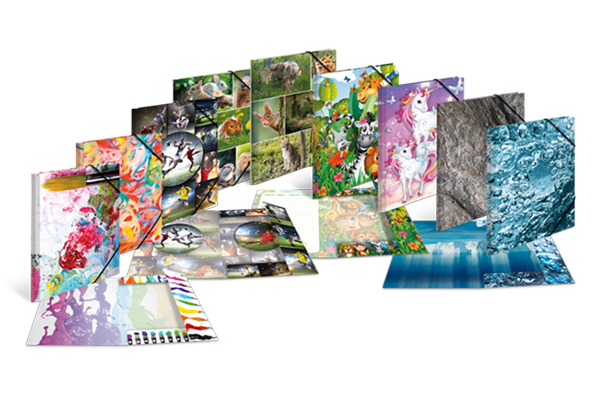 Several collection folders with various colorful designs.