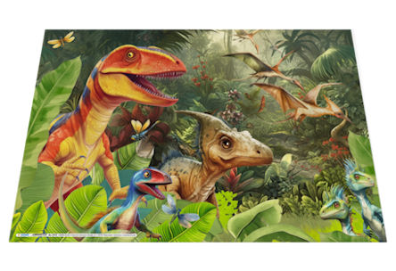 Dinosaurs in a lush jungle, including a Tyrannosaurus rex, a Velociraptor, and other prehistoric creatures, surrounded by vegetation.