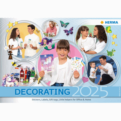 Decorative products for 2025, including stickers, labels, and crafting materials, showcased by several individuals engaged in various activities.