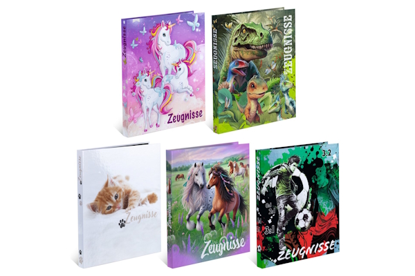 Six notebooks with various colorful cover designs, including unicorns, dinosaurs, cats, horses, and soccer.