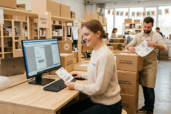 A woman is sitting at a desk printing shipping labels while a man in the background is preparing packages.