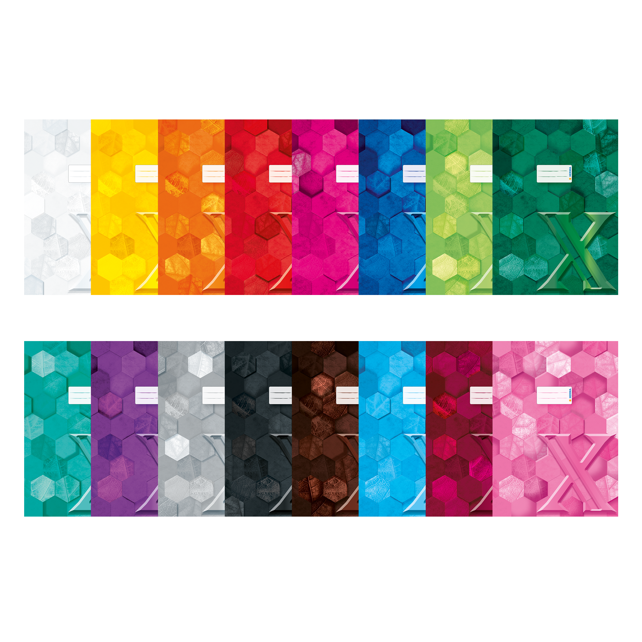 Eine Reihe von bunten Notizheften in verschiedenen Farben und Designs, angeordnet in zwei Reihen. Die Hefte haben hexagonale Muster und unterschiedliche Titel.