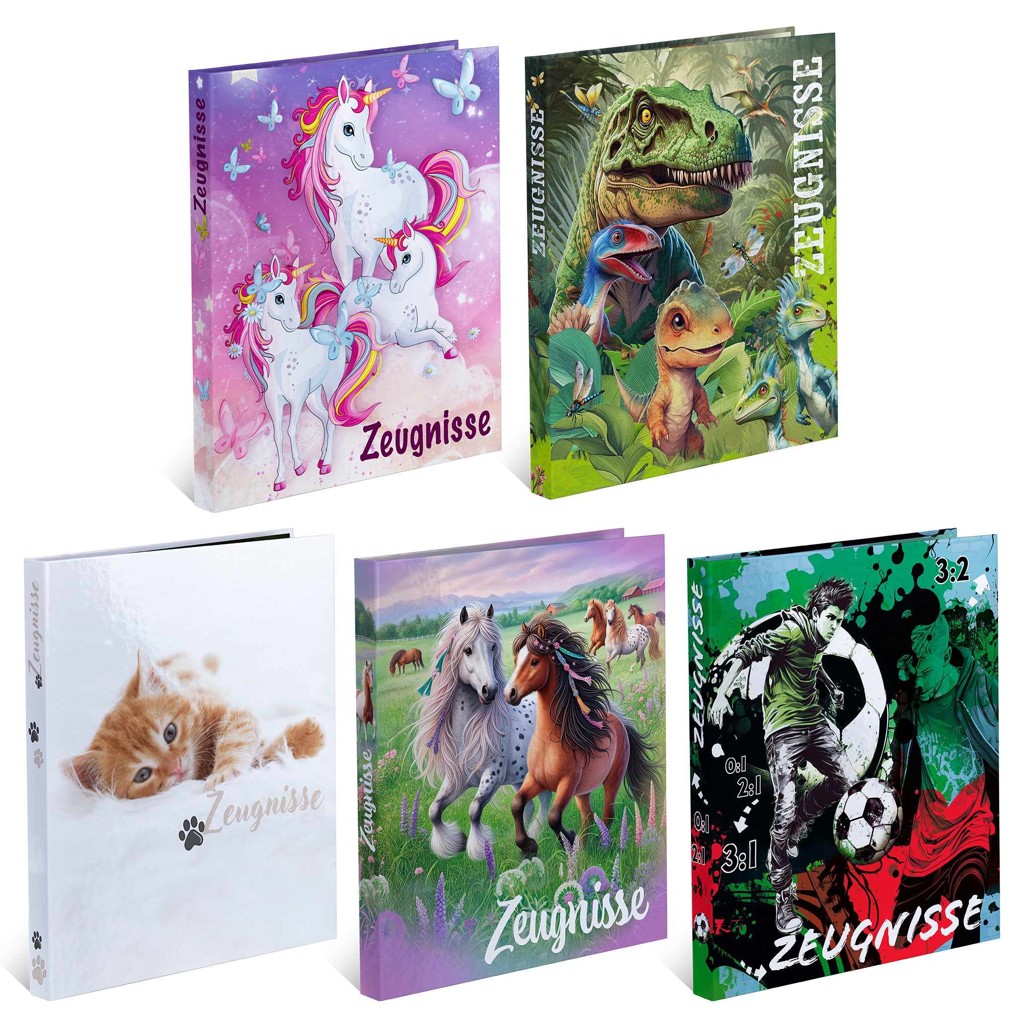Five different binders with colorful designs, featuring unicorns, dinosaurs, cats, horses, and soccer themes, all titled 'Certificates.