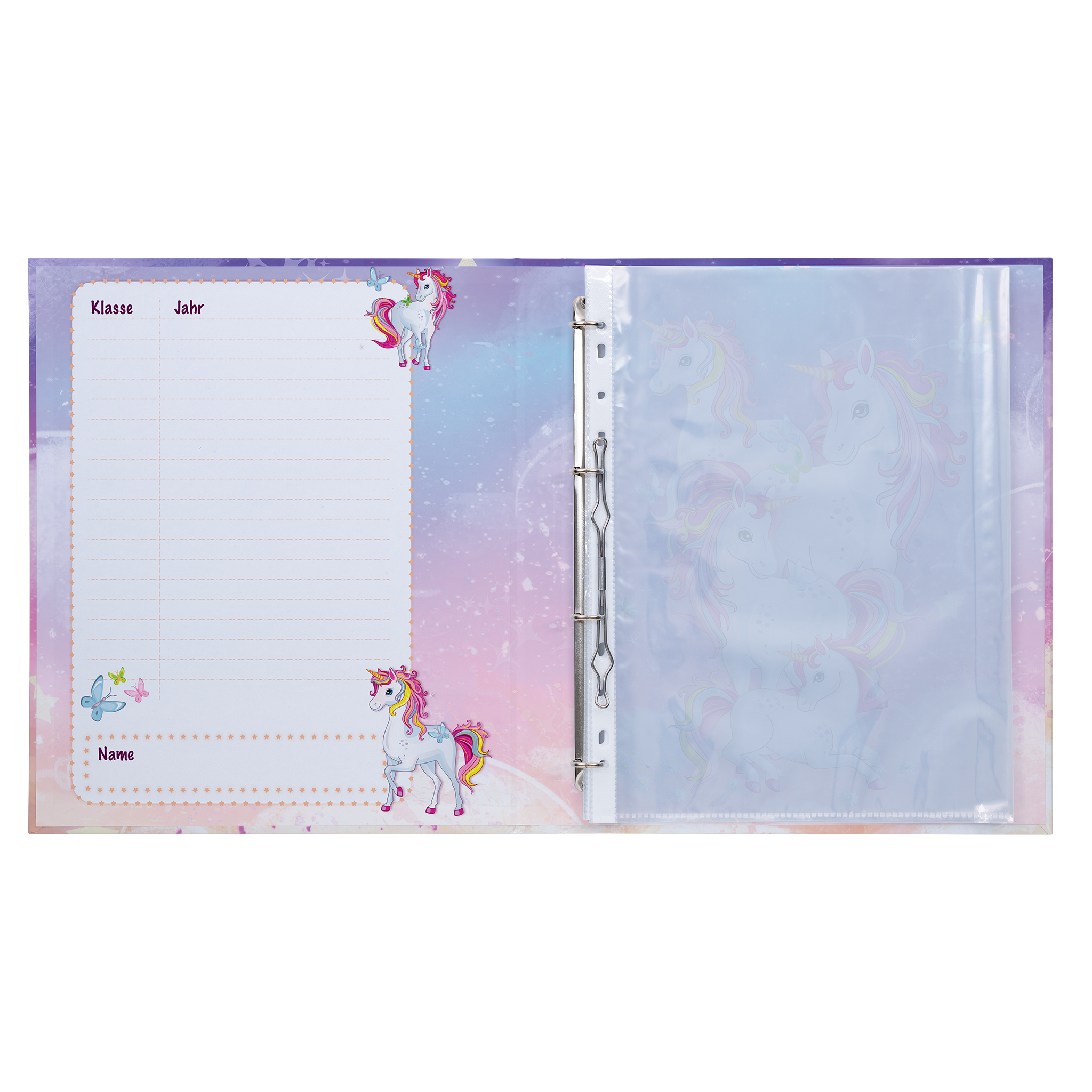 A binder with a colorful cover featuring unicorns, and a blank page for class, year, and name.