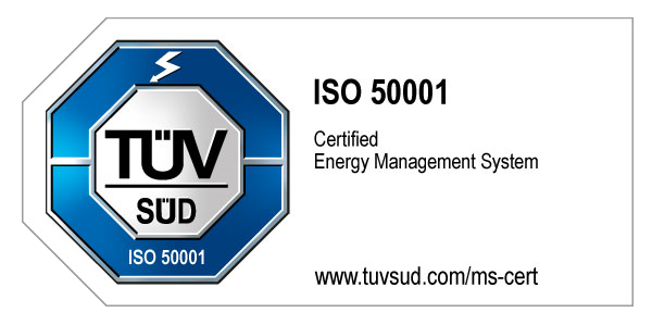 Certificate for the Energy Management System ISO 50001 from TÜV SÜD, including logo and website URL.