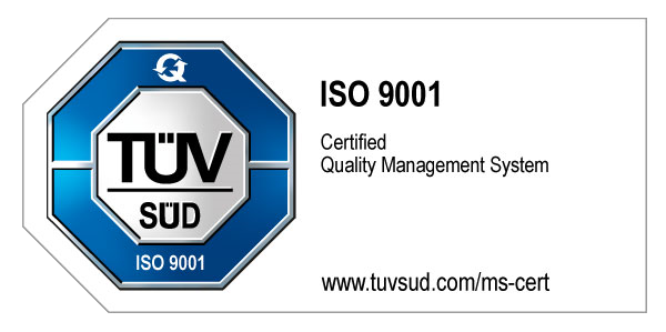 TÜV Süd ISO 9001 Certificate for Quality Management System. Website: www.tuvsud.com/ms-cert.