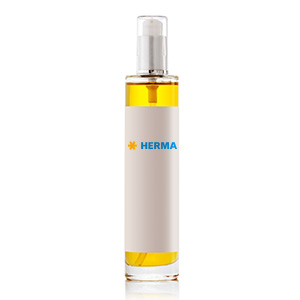 Bottle with yellow liquid inside, labelled with 'HERMA' in blue letters on a white label.