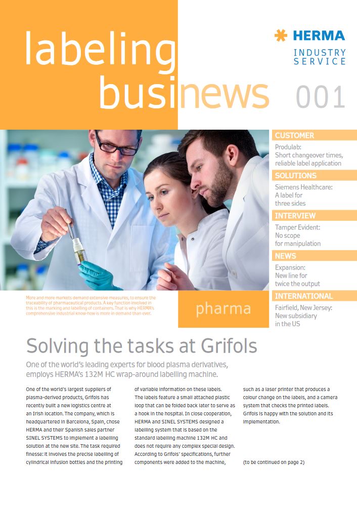 Three professionals in a lab are examining a sample while working on a labelling machine. Text about pharmaceutical solutions and clients.