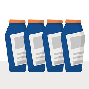 Four blue bottles with orange caps that have a blank label on the front.