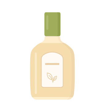 Bottle with a green cap and a label featuring a leaf design. The bottle is beige in colour and has a simple shape.