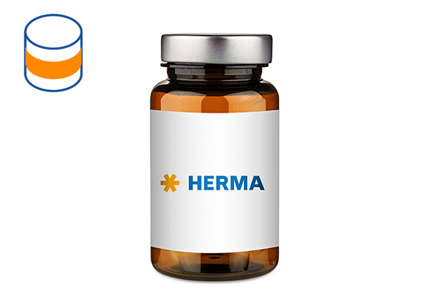 Brown glass bottle with a silver cap, labelled with the word 'HERMA' on a white label.