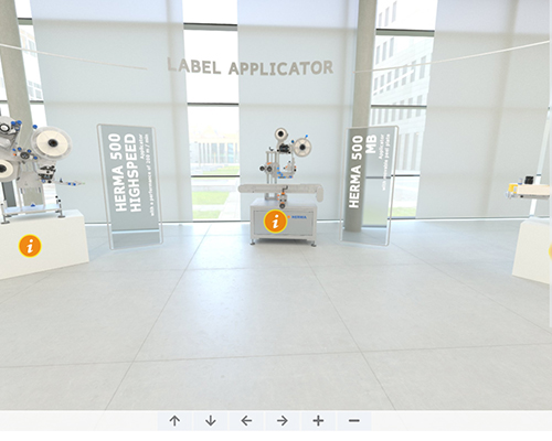 Labelling system featuring two models, HERMA 500 Highspeed and HERMA 500 M, in a modern showroom.
