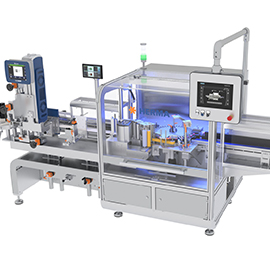 Automated packaging machine with multiple control displays and a transparent casing, suitable for filling and labelling products.