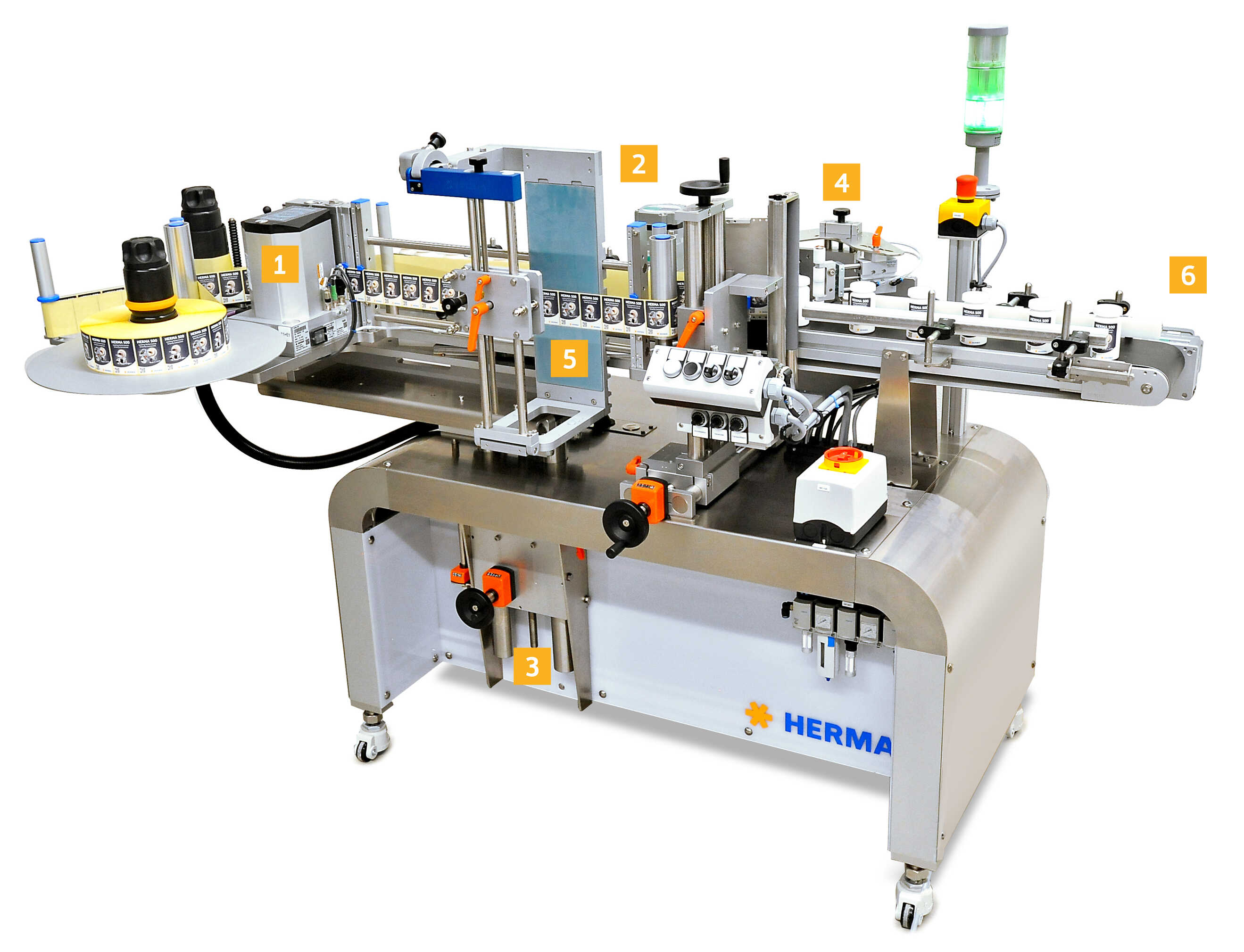 Automatic labelling machine with various stations for labelling, positioning, and inspecting containers.