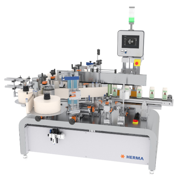 Labelling machine with multiple stations, equipped with a control panel and various holders for bottles and labels.