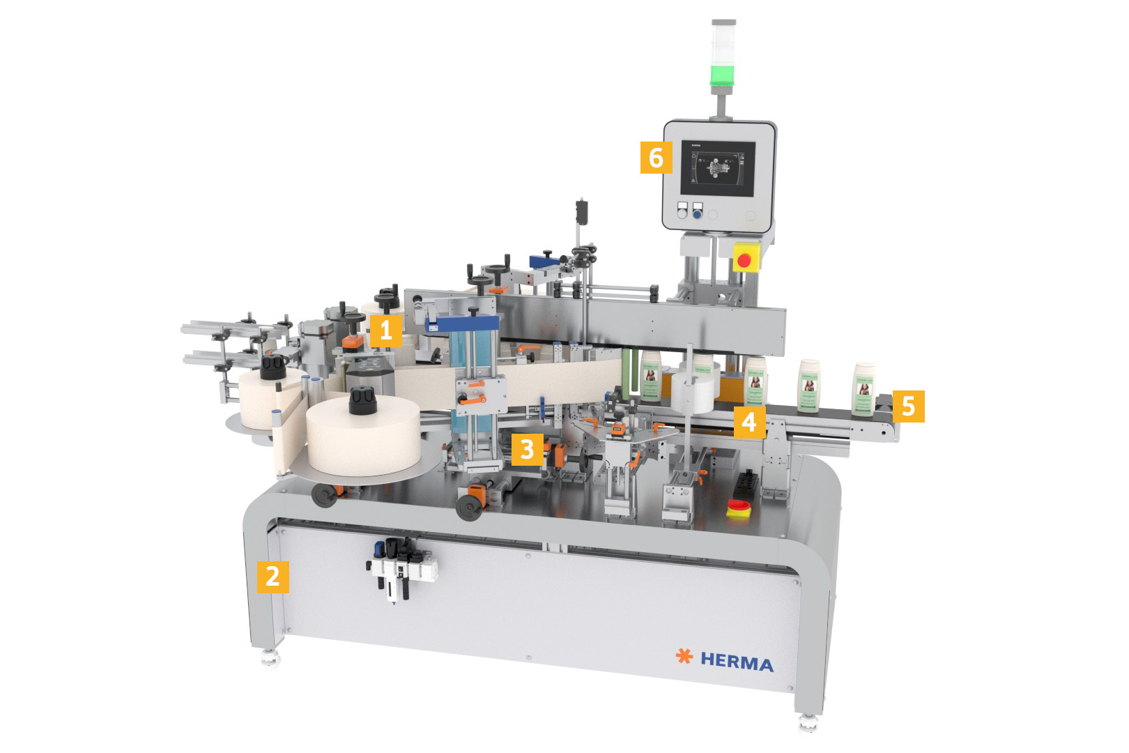 Automatic labelling machine with various stations for labelling, inspecting, and packaging bottles or containers.