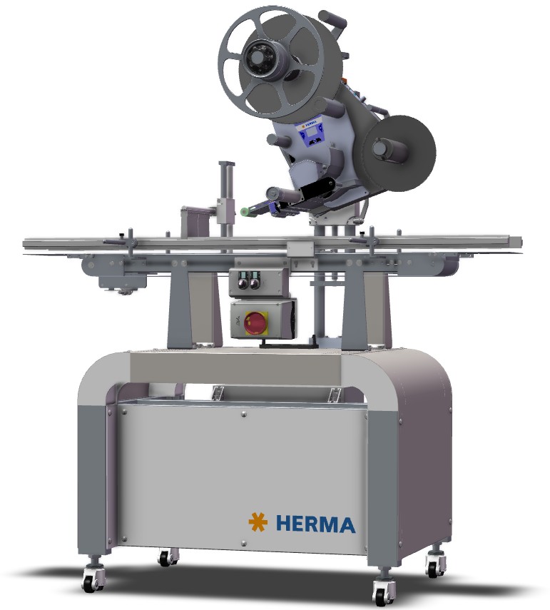 Automatic labelling machine with a rewinder and a control unit, mounted on a sturdy frame.