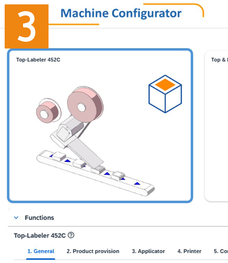 Top Labeller 452C with two rollers and an application element, presented in a technical configuration layout.