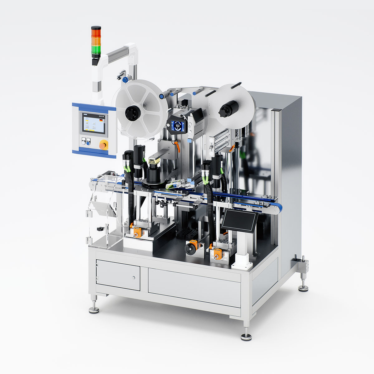 Automated labelling machine with multiple rolls, control unit, and various mechanical components.