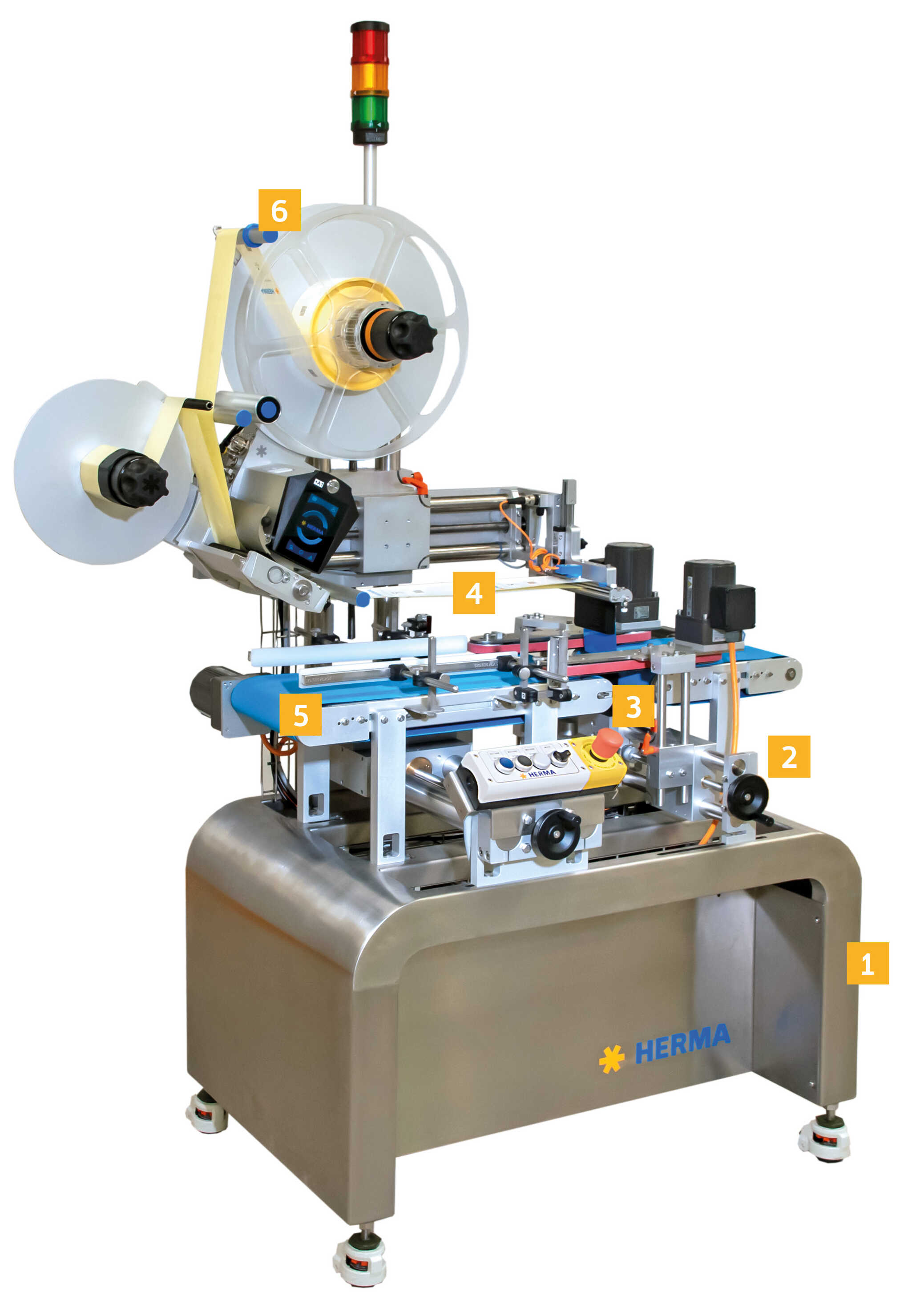 Automatic labelling machine with multiple rolls, control elements, and a sturdy stainless steel frame.