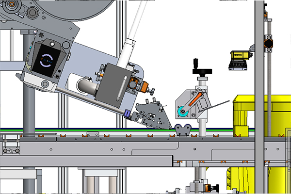 Technical drawing of a machine component with a conveyor belt, sensors, and control elements for process automation.