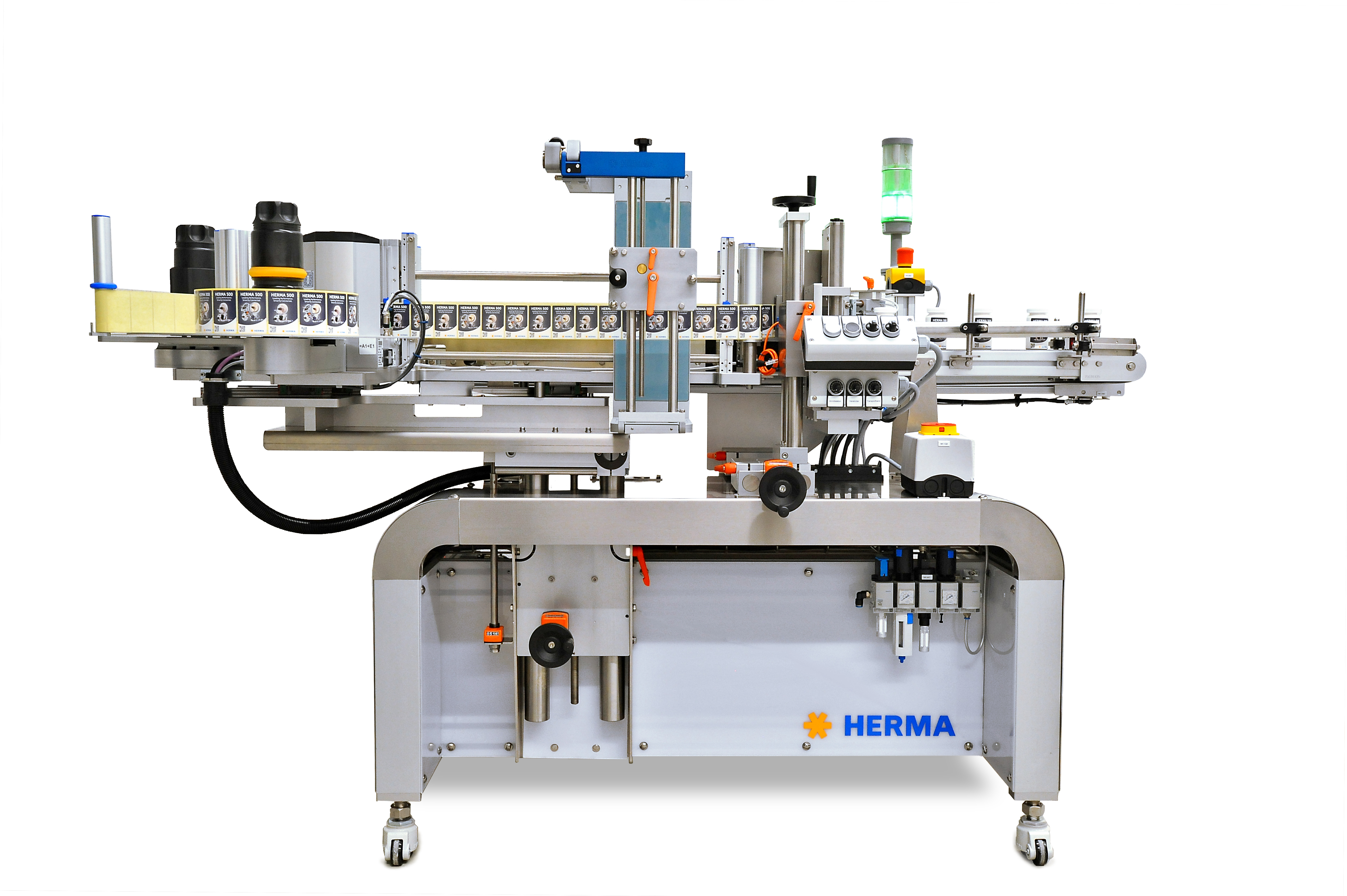 Automatic labelling machine with various components, including a labelling station and control elements, mounted on a sturdy frame.