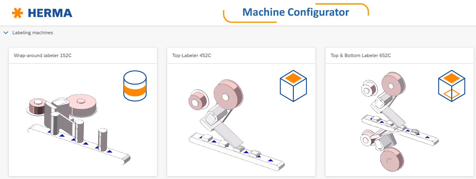 Configurator for labelling machines with three models: Wrap Labeller 132C, Top Labeller 435C, and Top and Bottom Labeller 605C.