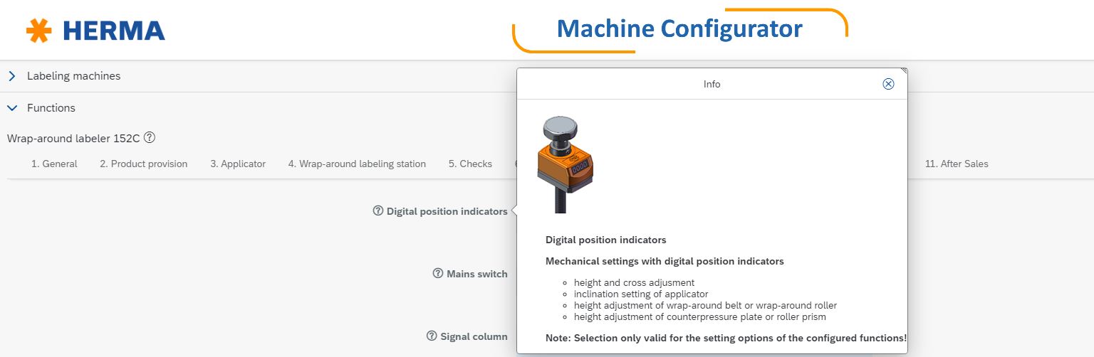 HERMA Machine Configurator with information on digital position indicators and mechanical settings for labelling machines.