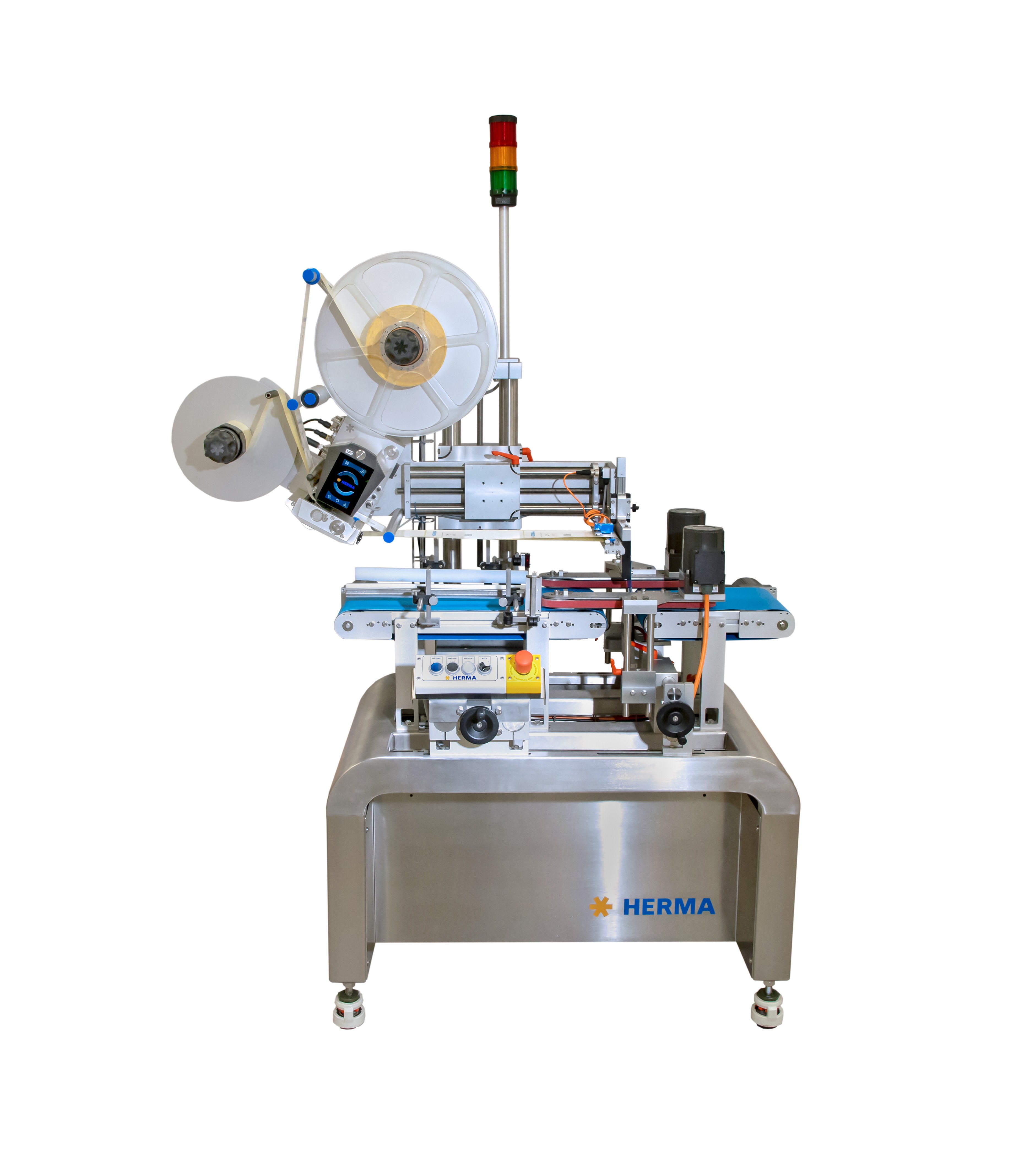 Automatic labelling machine with multiple components, including a roll holder, control unit, and a sturdy stainless steel frame.