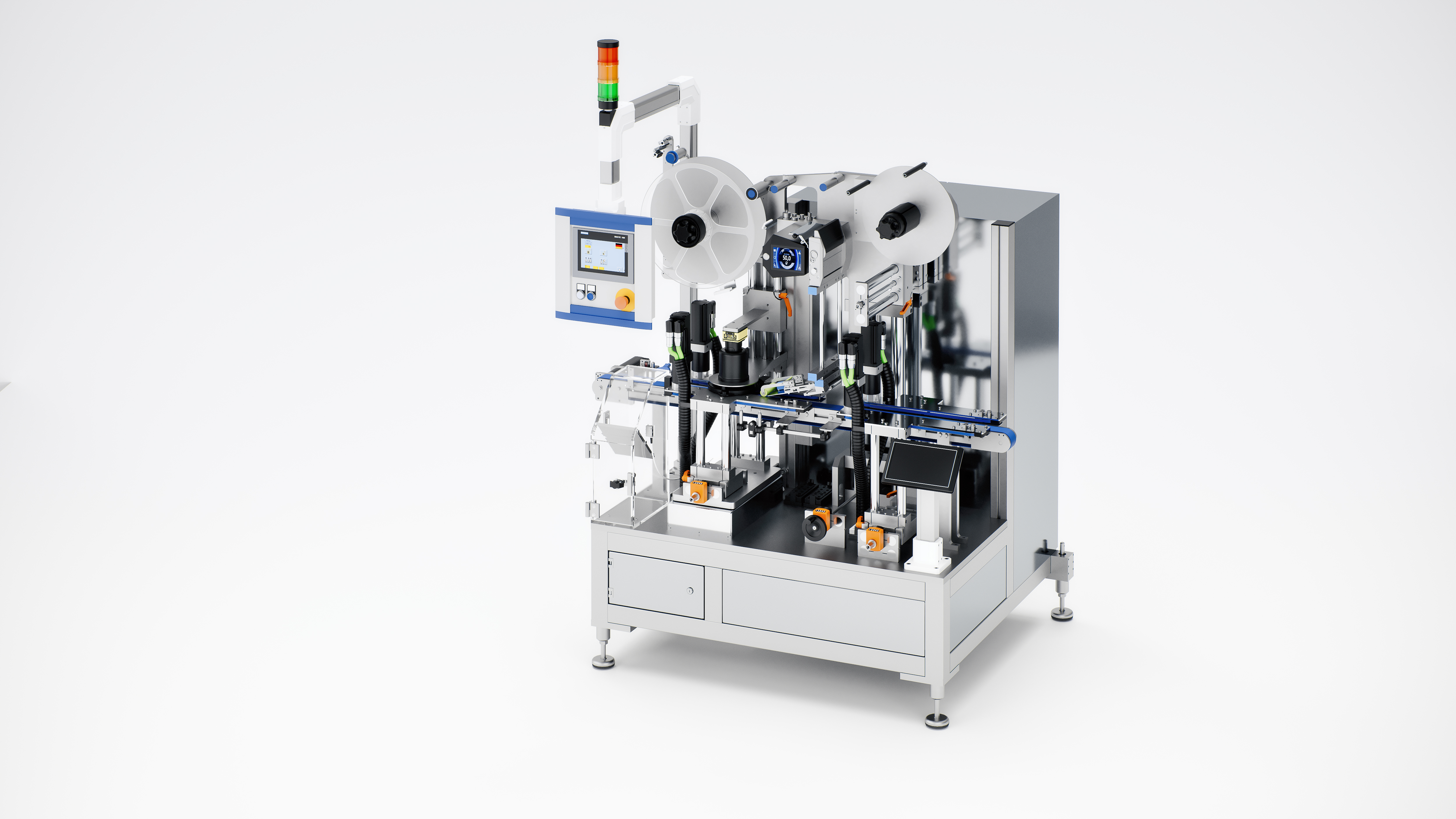 An industrial machine with two spools, a control unit, and several mechanical components for processing or labelling products.
