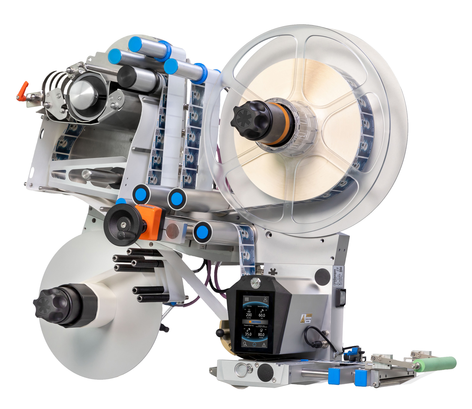 A modern labelling machine with multiple rollers, a control unit, and various mechanical components for labelling products.