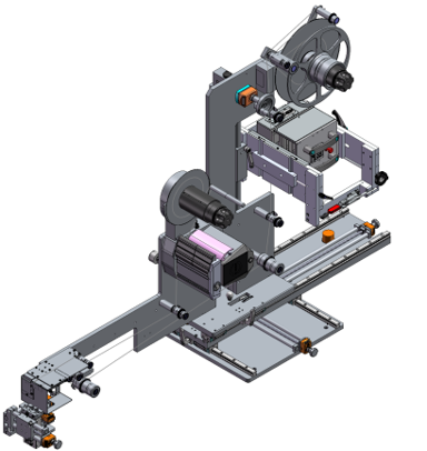 Technical drawing of a machine component featuring a engine, control unit, and movable slide for precise applications.