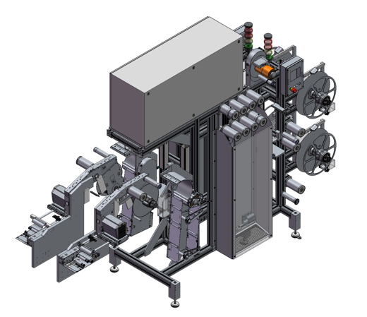 Machine for processing materials with multiple conveyor belts, engines, and control elements, presented in a technical depiction.
