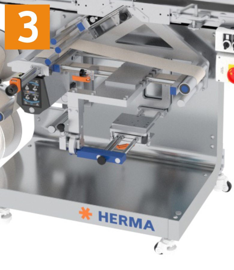 Labelling machine with various components, including rollers and control elements, labelled 'HERMA' and numbered 3.