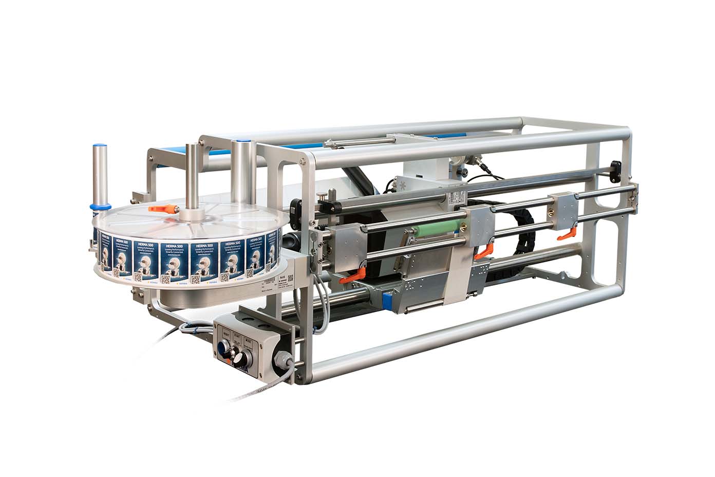 Automatic labelling machine with a rotating label disc and mechanical components for applying labels to products.