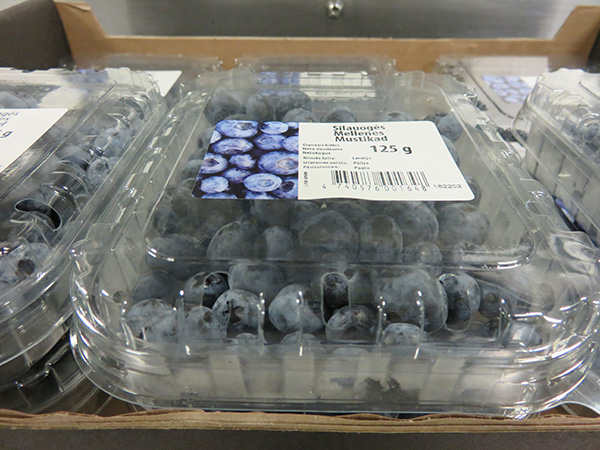Packages of blueberries, each with a label indicating a weight of 125 g.