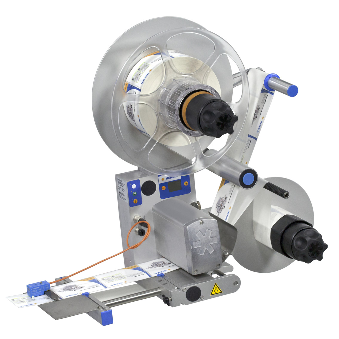 Labelling machine with two rollers, a engine, and controls, used for applying labels to products.