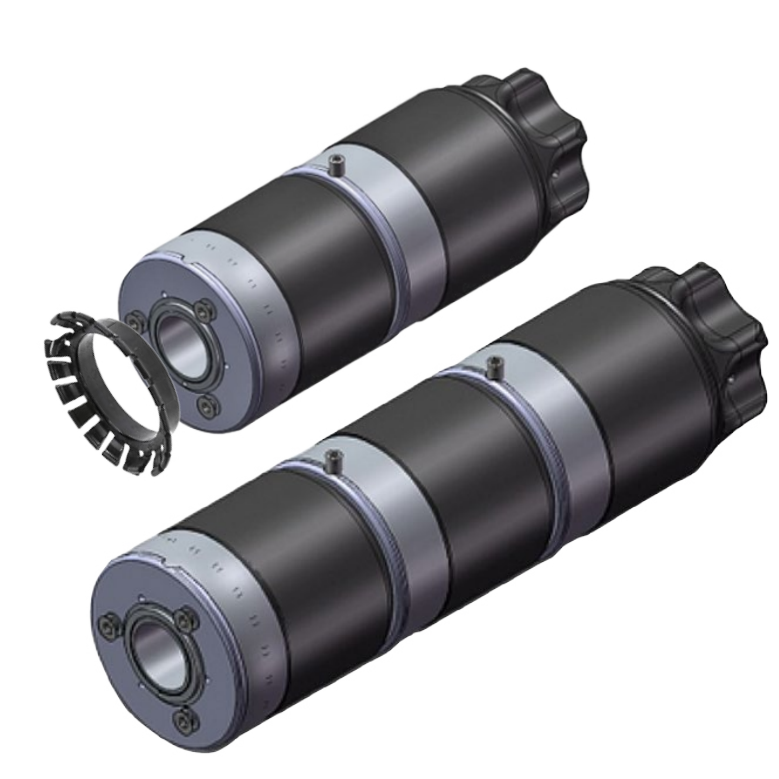 Two black cylinders with gray accents, one with a removable ring, possibly parts of a technical device or tool.