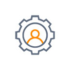 Symbol of a gear with a stylized person in the centre, depicted in gray and orange colours.