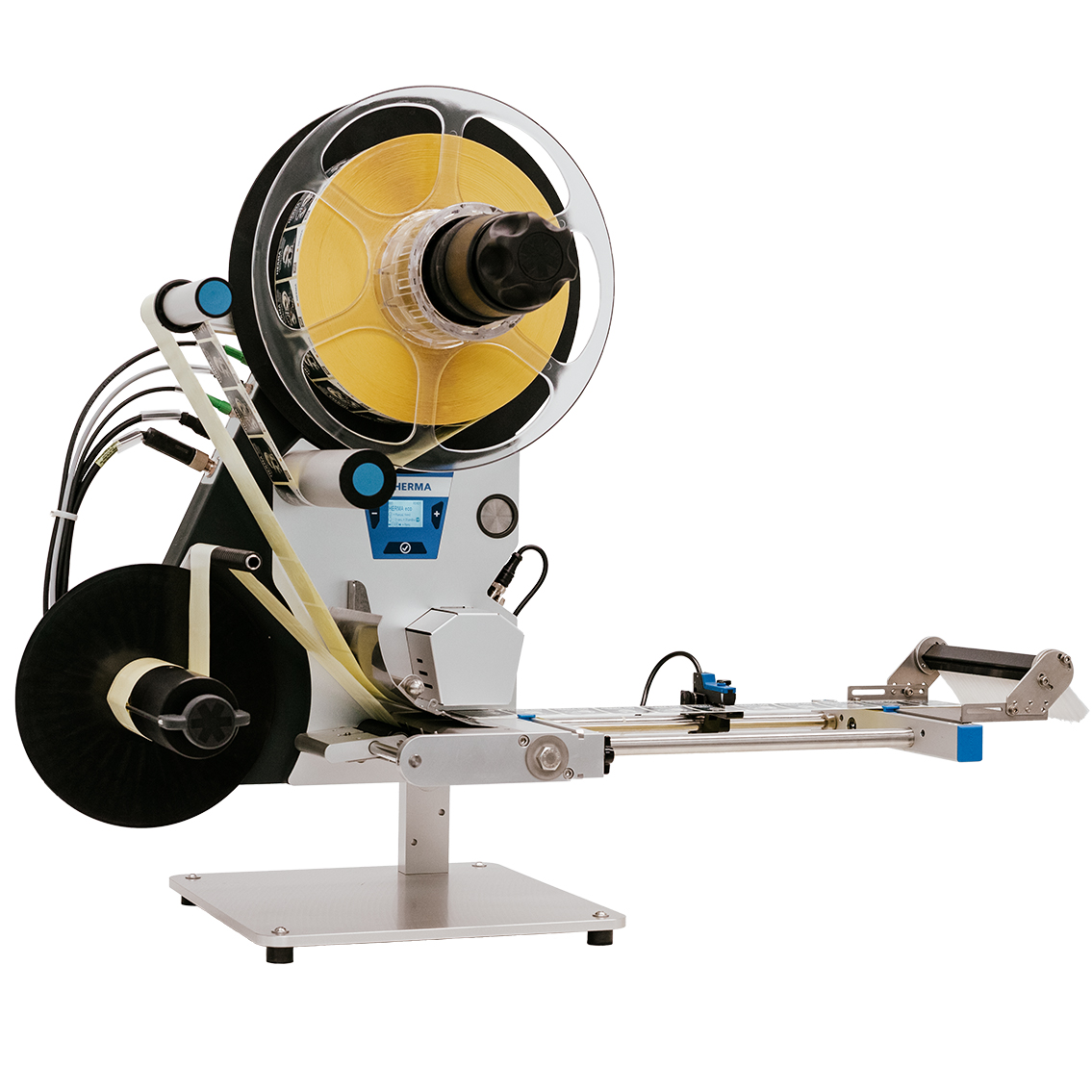 A labelling machine with a large roll holder, used for applying labels to products.