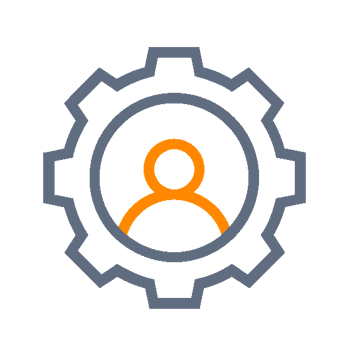 Symbol of a gear with a stylized person in the centre, depicted in orange and gray.